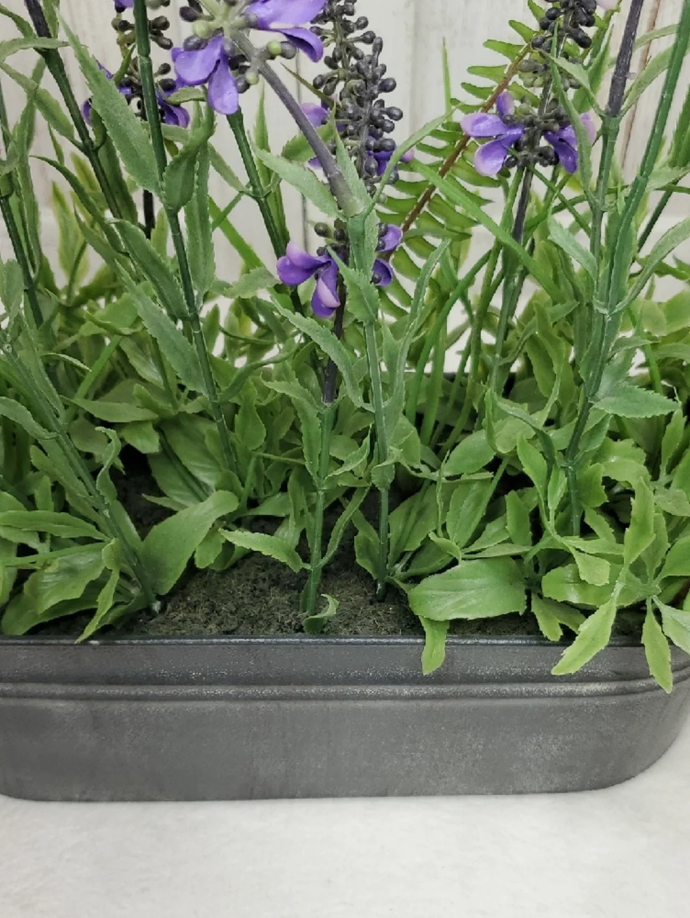 Faux Floral Lavender Fern Arrangement in Metal Planter with Rope Handles